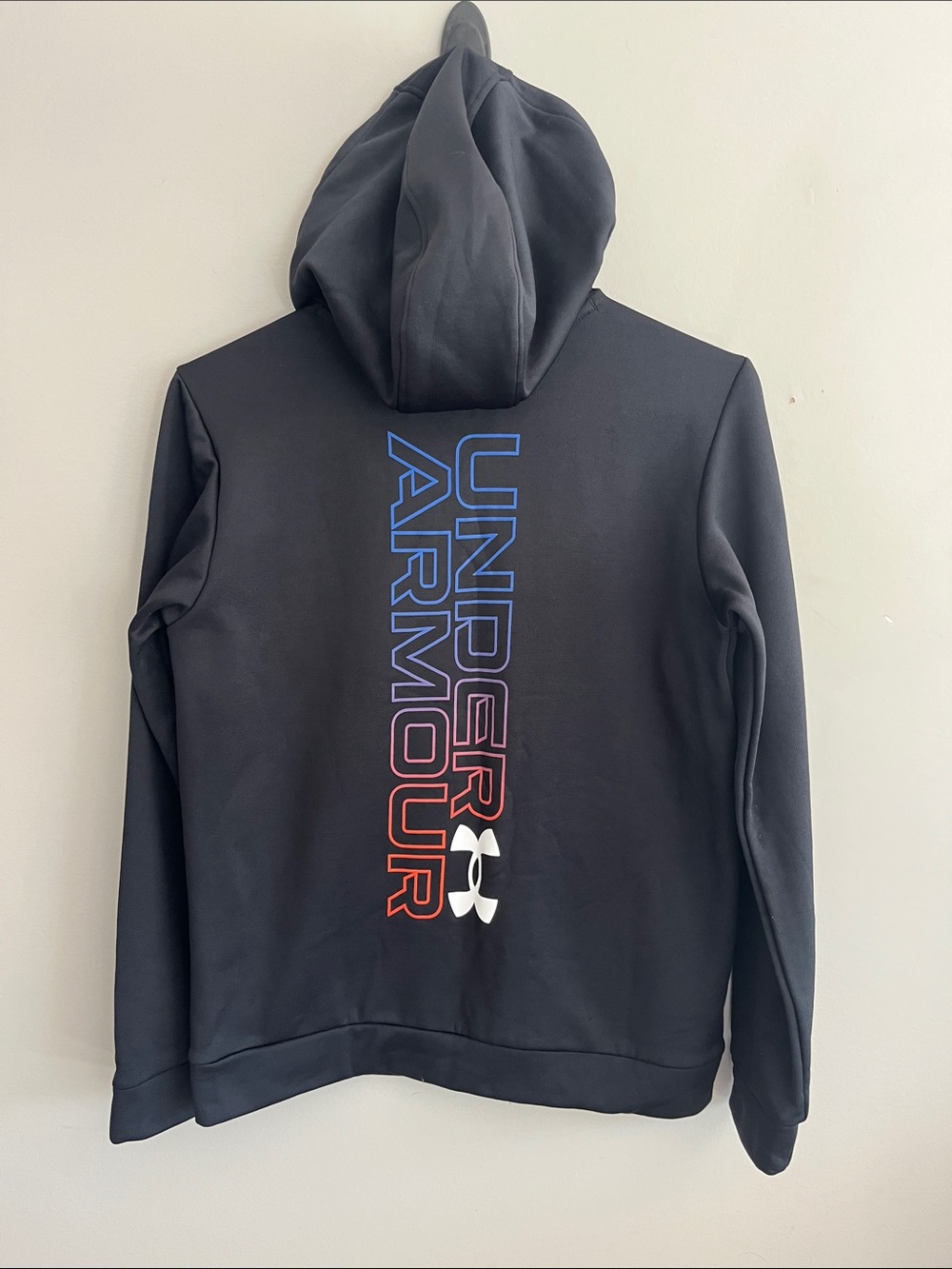 Under Armour Black Hoodie with Blue-to-Red Vertical Logo and White Emblem
